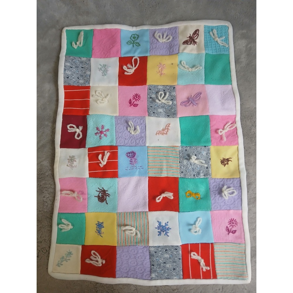 Handmade Patchwork‎ Baby Sensory Blanket Embroidered 17x12 Dollhouse Quilt READ